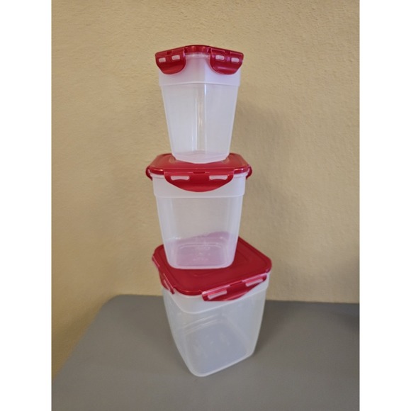 Lock&Lock Red Snap On Lids Plastic Set Of 3 Food Storage Containers - Picture 2 of 5